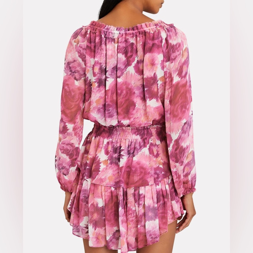 LOVESHACKFANCY Ruffled Popover Pink Purple Floral Silk Mini Dress L - Picture 11 of 12